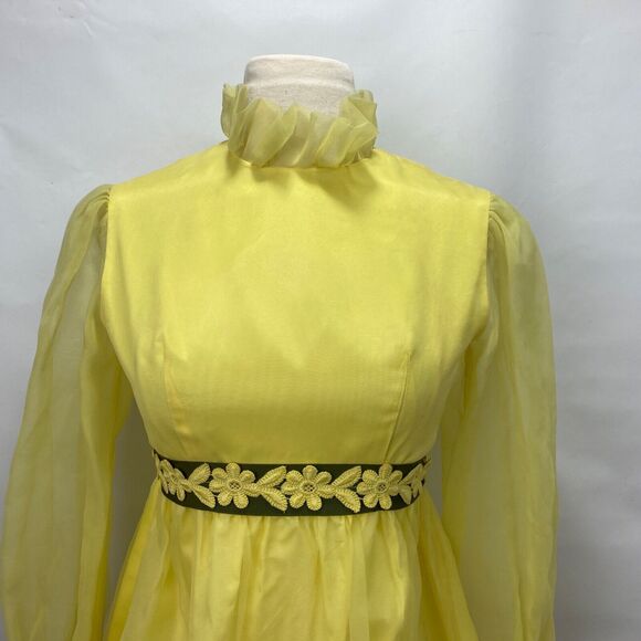 Vintage 60s Lorrie Deb Dress Small Yellow Chiffon Ruffles Embroider Daisy Trim - Picture 2 of 11